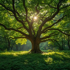 Obraz premium Sunlight shining through the leaves of a large tree in a forest.