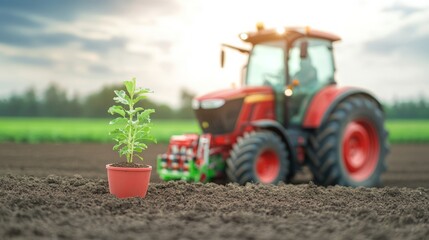 Obraz premium Farmers standing beside a tractor equipped with soil testing equipment, modern farming in progress, [soil testing machinery], [technology in agriculture]