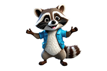 Obraz premium Cartoon raccoon, full body, depicted in 3D isometric art, exuding happiness, centered, isolated against a pristine white background, quality akin to a professional stock photograph, ultra-clear