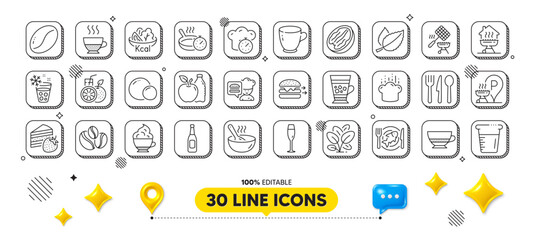 Cooking beaker, Bombon coffee and Frying pan line icons pack. 3d design elements. Spinach, Coffee beans, Apple web icon. Food delivery, Grill basket, Frappe pictogram. Vector