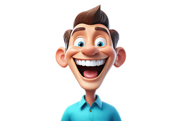 High-quality stock photo showcasing an exuberant 3D cartoon man, solitarily placed, teeth gleaming in a broad smile as his jovial eyes sparkle with happiness