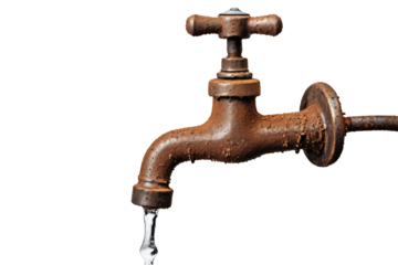Rusty old water faucet, single, water dripping, cut out, isolation, white background, high quality stock photograph, rust texture, worn metal, aged appearance, slight gleam on droplets, ultra clear