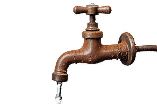 Rusty old water faucet, single, water dripping, cut out, isolation, white background, high quality stock photograph, rust texture, worn metal, aged appearance, slight gleam on droplets, ultra clear