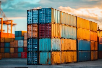 Fototapeta premium Shipping containers stacked at port, sunset sky, global logistics and transportation