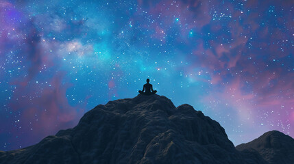 A person meditating on top of a mountain under a starlit sky with a galaxy backdrop. Representing cosmic awareness and universal connection. 