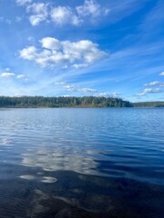 beautiful blue lake view, blue sky with white clouds reflections on the lake surface