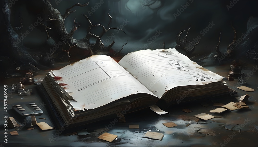 Wall mural dark ominous background with realistic open ledger book