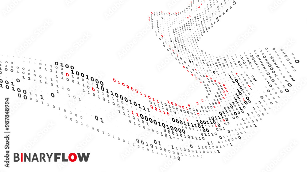 Poster Binary flow. Digital stream with perspective black and red ones and zeros. Vector graphic pattern