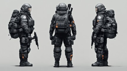 Fototapeta premium Futuristic Soldier in Black Tactical Gear with Weapons and Backpack