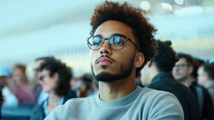 A black young man with curly hair sits attentively among a diverse audience at a learning event at college.