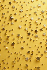 Golden stars scattered across a bright yellow background create a festive atmosphere