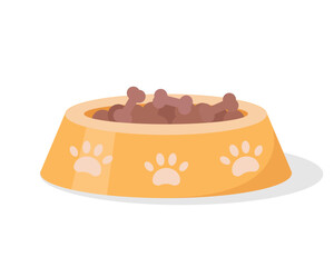Yellow pet bowl with food. Dog or cat supplies, pet shop and care equipment. Dog Bowl icon. Vector illustration isolated on white background.