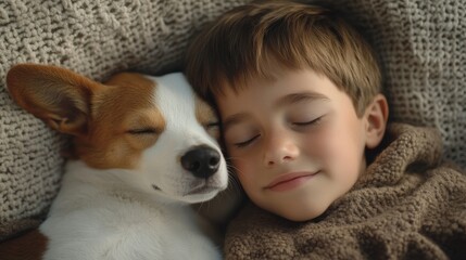 Child sleeping with dog pet composition background