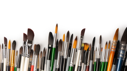 Mix of paint brushes in a row isolated on a white background.  Top view.
