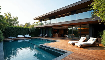 Contemporary home with luxurious pool, wooden deck, and seamless indoor-outdoor flow.