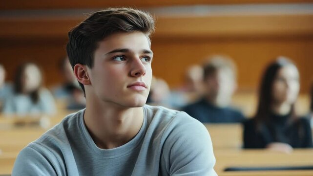 A young man sits in a college classroom, listening attentively to a lecture, wearing a gray sweater, surrounded by fellow students