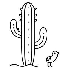 Cactus Line Art with Basking Lizard Minimalist Vector Design