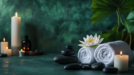 Relaxing spa experience with candles, fluffy towels, lotus flower, black stones, and green wall