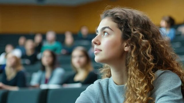 A young woman student sits engaged in a lecture at college, surrounded by peers in an auditorium