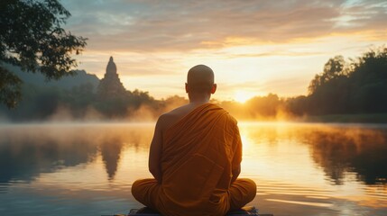 Serene morning by the lake  a thai buddhist monk enjoys the sunrise amidst scenic nature
