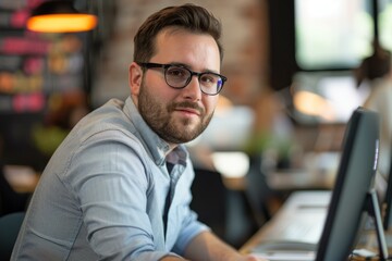 Obraz premium Young professional is concentrating on his work while sitting at his desk in a busy office