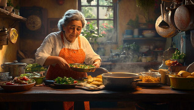 Abuela latina cocina feliz para su familia en su cocina con motivos, texturas y patrones latinas 