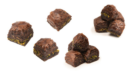 Turkish chocolate baklava isolated on white background.