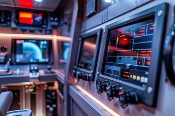 A close-up of the captaina??s cabin interior, showcasing a detailed view of the control console and integrated technology on the wall. The scene is captured with high-definition precision.