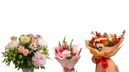 Autumn bouquet of red and white roses, hydrangeas, chrysanthemums.