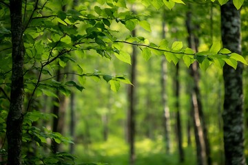 Fototapeta premium Sunlight through green leaves in lush summer forest, nature background