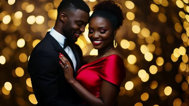 African American man in black suit and woman in red dress standing close together, embracing, illuminated by glowing backdrop of golden bokeh lights
