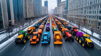 Colorful Tractors Parade in Urban Cityscape