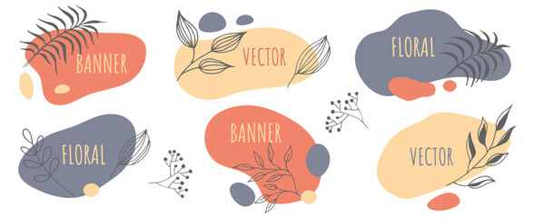 Set of modern banners in liquid design with black line organic plants. Vector Flat geometric shapes of different colors. Trendy dynamic elements in boho style.