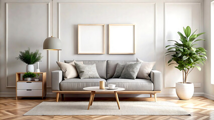 Home interior with gray sofa and white wall mock up, Scandinavian style, 3d render, white Mock up frame