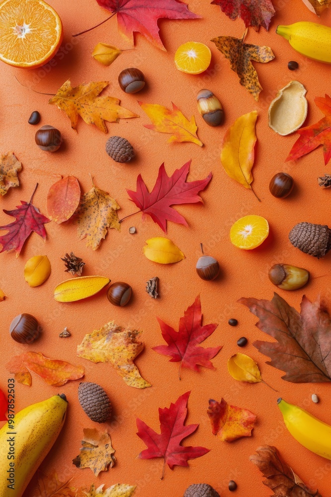 Canvas Prints Vibrant fall flat lay featuring oranges, bananas, and colorful autumn leaves on a bright backdrop