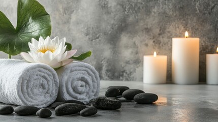 Tranquil spa retreat featuring soft candles, fluffy towels, lotus flowers, and serene black stones