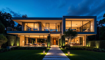 Obraz premium Striking contemporary house illuminated at night, showcasing sleek lines and lush landscaping.