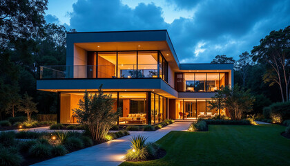 Fototapeta premium Striking contemporary house illuminated at night, showcasing sleek lines and lush landscaping.