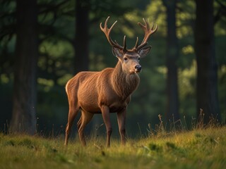 Obraz premium Majestic deer standing gracefully in a peaceful forest clearing at sunrise