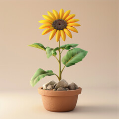 Obraz premium 3d sunflower in a container with rocks on light background, in the style of playful cartoonish 
