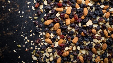 Fototapeta premium Dried fruit and nuts trail mix composition background