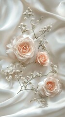 Soft pink roses and delicate babys breath on a smooth white fabric background in natural light