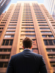 Fototapeta premium a corporate employee looking his office long building heading up, camera angle back side bottom view