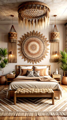 Home interior with ethnic boho decoration, bedroom in brown warm color, 3d render, white Mock up