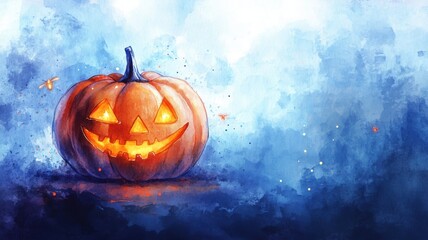 Fototapeta premium Watercolor Jack-o'-lantern with a mischievous grin, surrounded by swirling mist and glowing fireflies in a whimsical Halloween scene