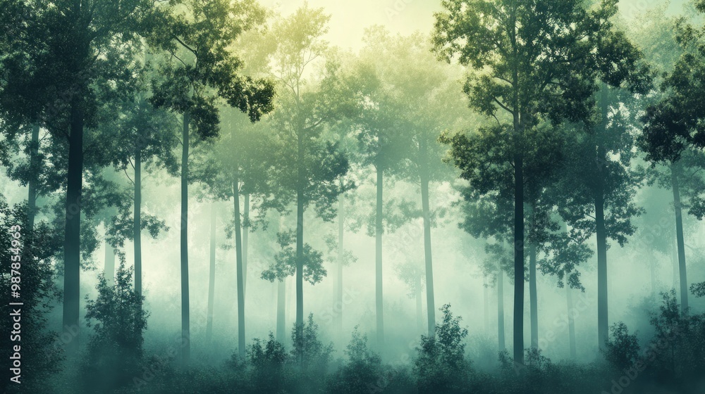 Canvas Prints Misty Forest with Tall Trees and Sunbeams