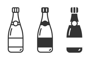 Set of minimalistic vector icons of champagne bottles in various styles, perfect for celebrations and packaging designs.
