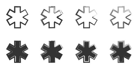 Distressed vector illustration of medical cross icons with a grunge texture in outline and filled styles.