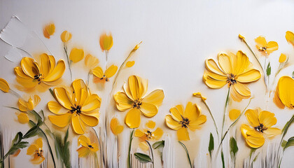 Obraz premium Oil painting of yellow flowers on white canvas. Palette knife technique. Hand drawn botanical art