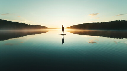 A person standing at the edge of a tranquil lake at sunrise reflecting on the water's surface. Symbolizing self-discovery and the dawn of a new beginning. 